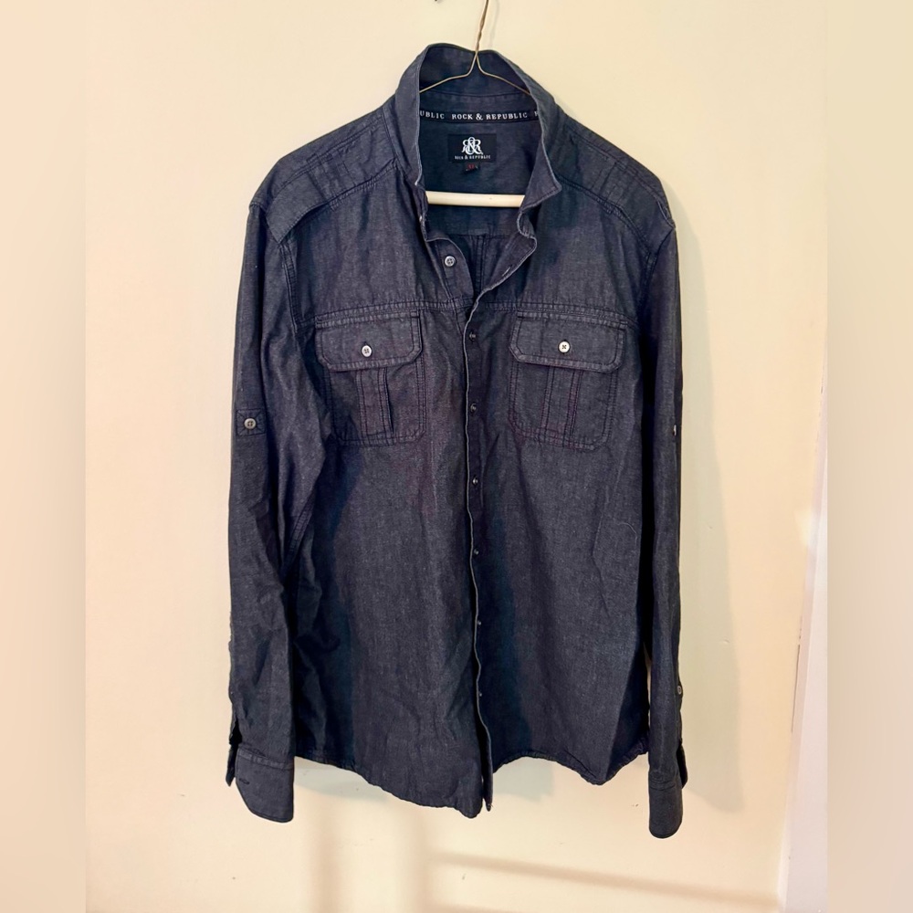 Rock & Republic Dark Wash Denim Shirt W Roll Tab Arms Sz XL